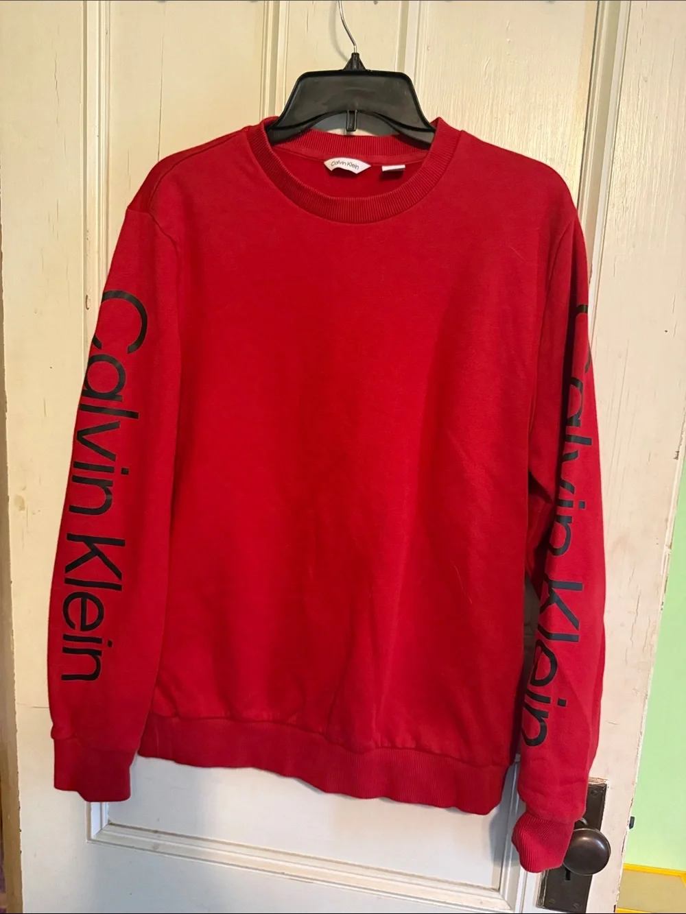 Calvin Klein Red Crewneck Sweatshirt with Black Sleeve Logo